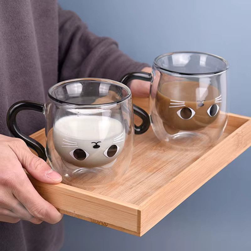 YWDL Doppelwandige Kaffeetasse mit Cartoon-Katzen-Design, transparent, 250 ml - Bild 4
