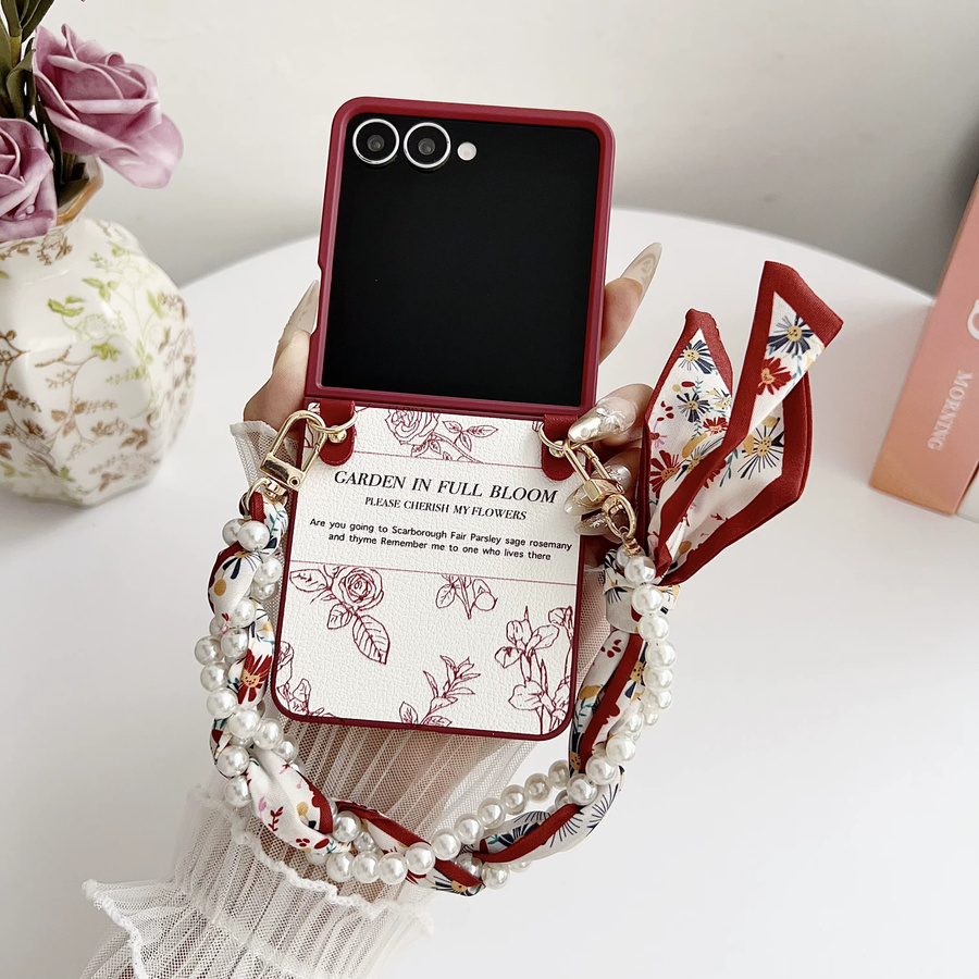 Stoßfeste Handyhülle mit Blumen-Design und Armband aus PU-Leder und hartem PC für Samsung Galaxy Z Flip 7, 6, 5, 4, 3 - Bild 2