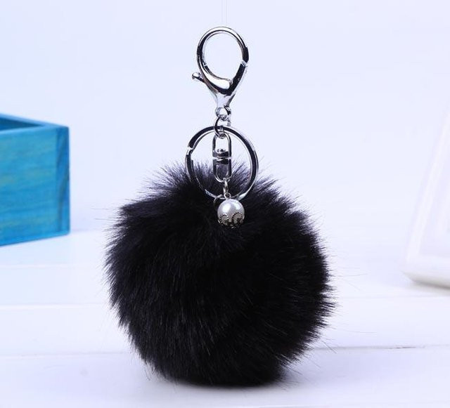 Schlüsselanhänger Damen, Pelz, Pom Pom, mit Perle, 8cm, Gold schwarz - Bild 1