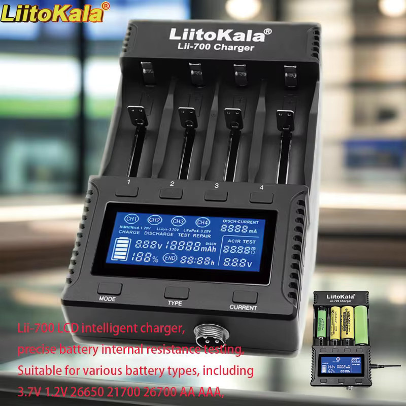 Liitokala Lii-700 Intelligentes Akkuladegerät mit LCD-Display für 18650, 26650, 16340, 18500, 3,7V und 1,2V in Schwarz - Bild 5