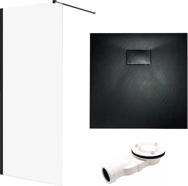 Bad Land Duschset bestehend aus VIDAR Duschwanne Mineralguss Schwarz quadratisch und KETIL Walk-In Dusche Schwarz mit transparentem Glas, B/T/H: 90 x 90 x 8 cm und B/T/H: 90 x 195 x 3,2 cm - Bild 1