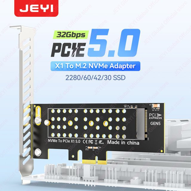 JEYI PCIe 5.0 X1 zu M.2 NVMe Adapter in Schwarz mit 32 Gbit/s Geschwindigkeit und PCB-Kühlung für 2280/60/42/30 SSDs - Bild 1