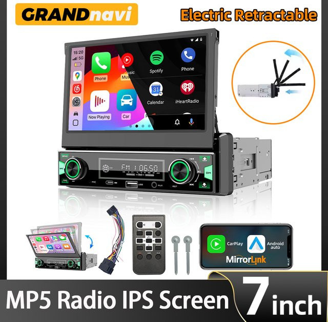 Grandnavi 1DIN MP5 Autoradio mit 7 Zoll IPS-Touchscreen, Bluetooth, GPS, FM/AM/RDS und kabellosem CarPlay sowie Android Auto in Schwarz - Bild 1