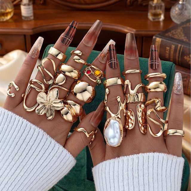 Ringset Retro-Blumen, Perle, Gold, Damen - Bild 1