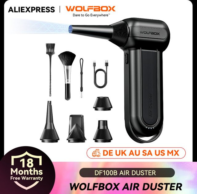 WOLFBOX DF100 MF100-BLACK Kabelloses Luftgebläse in Schwarz mit 150000 U/min und 3-Gang-Einstellung als Mini-Luftstaubsauger für Auto, PC und Zuhause - Bild 1