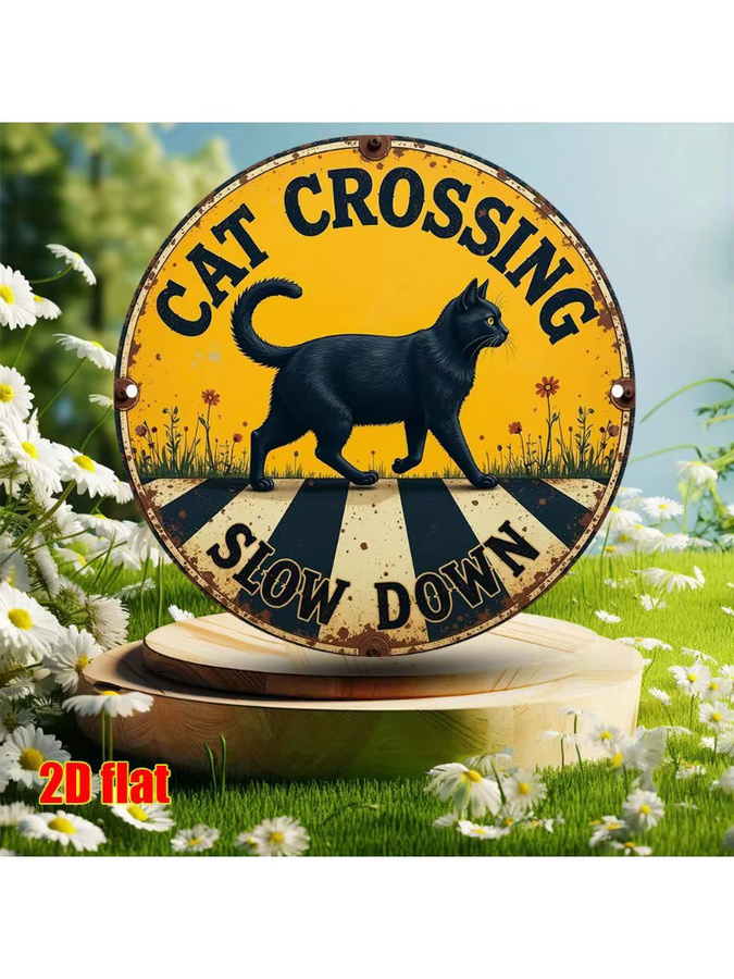 Potdemiel Vintage Metallschild Cat Crossing Slow Down Wanddekoration aus Aluminium in Schwarz und Gelb, Breite: 20,0 cm, Höhe: 20,0 cm - Bild 7