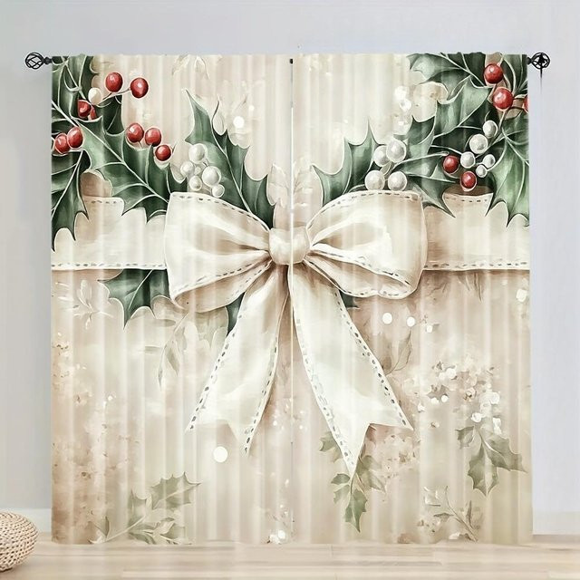 Set aus 2 transparenten Tonnika Chen Weihnachts-Vorhängen mit Schleifendruck aus Polyester, B: 100 cm, H: 70 cm - Bild 1