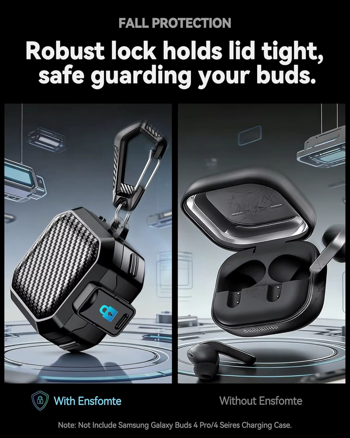 Kohlefaser-Schutzhülle für Samsung Galaxy Buds 4 und Buds 4 Pro in Schwarz und Transparent mit Sicherheitsschloss - Bild 3