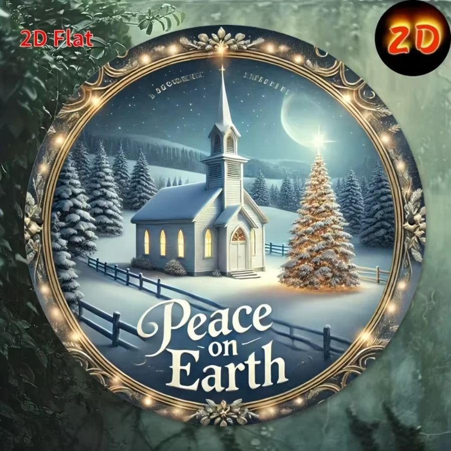 CIFBUY Weihnachtskranz Metallschild mit Winterkirche und Frieden, kreisförmiges Eisenschild, Durchmesser: 20,3 cm - Bild 4