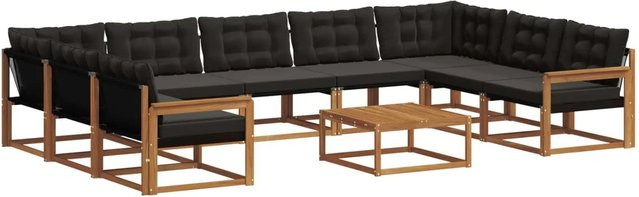 vidaXL Outdoor-Sofagarnitur 10-teilig aus massivem Akazienholz mit Textilene und Kissen, Schwarz und Natur - Bild 1