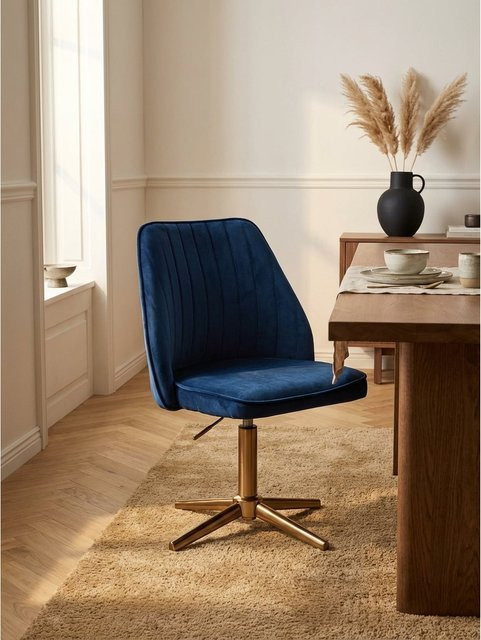 Drehstuhl aus Samt von KADIMA DESIGN in Blau mit Lehne und Metallgestell, B/T/H: 46 x 47 x 100 cm - Bild 1