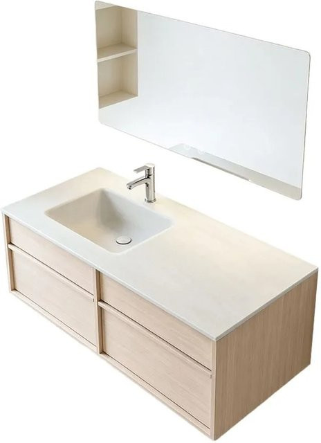 360Home Waschtisch Set mit Waschbecken und Spiegelschrank in Beige, Wandhängend, Modernes Badezimmermöbel mit LED-Beleuchtung und Anti-Beschlag-Funktion, B/T/H: 120 x 55 x 50 cm - Bild 1