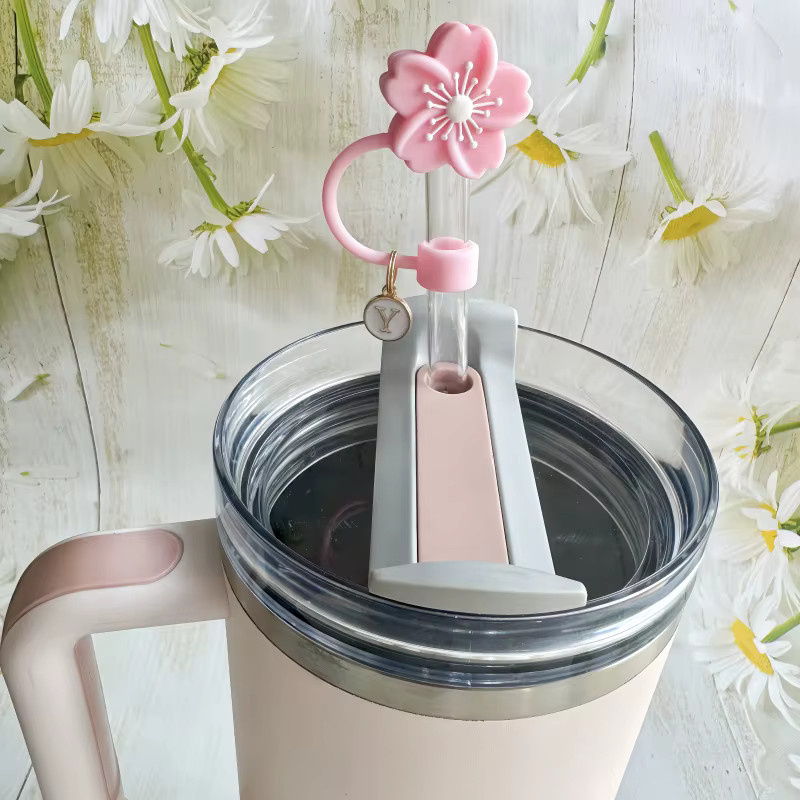 Seavidar Silikon-Strohhalmabdeckung in Pink mit Blumen-Design als wiederverwendbarer Becher-Schutz und Staubschutz - Bild 3
