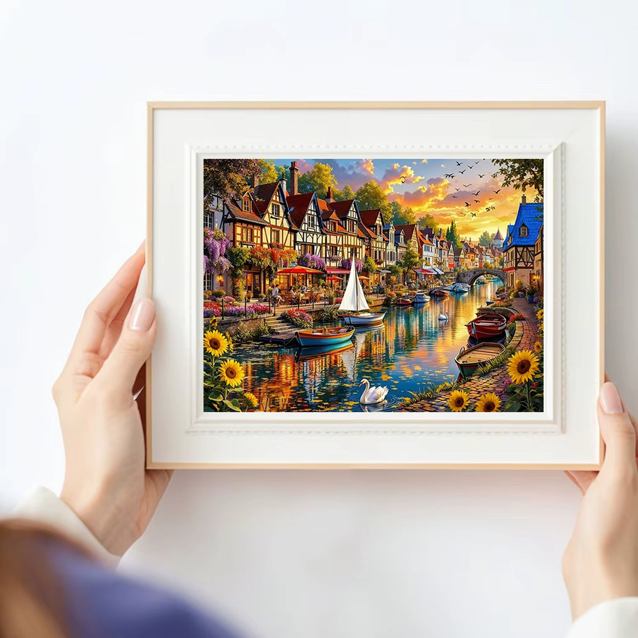 Huacan Diamantgemälde Set Landschaft mit Sonnenuntergang Fluss und Stadt, Rundbohrer Mosaik in Mehrfarbig, B: 30,0 cm, H: 20,0 cm - Bild 3