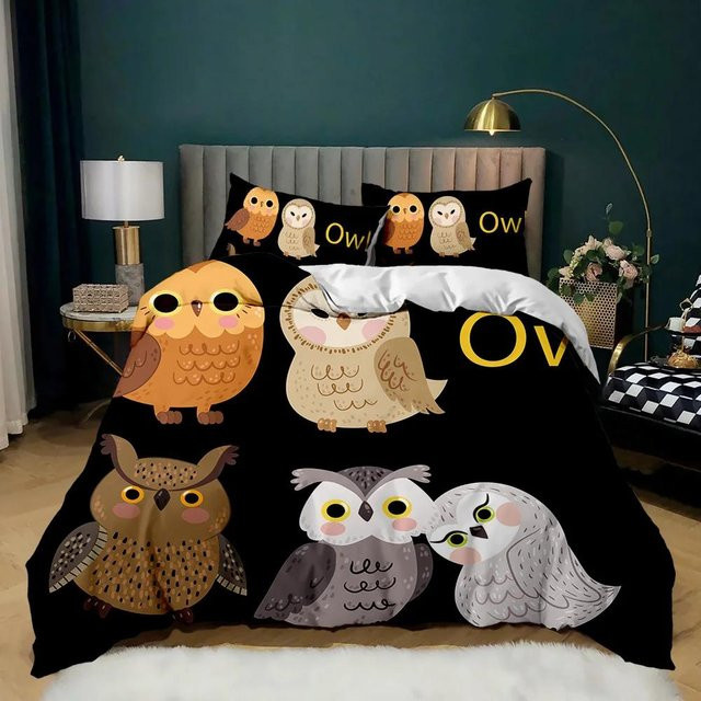 Bettwäscheset mit Eulen-Motiv von Your Warm Home, 3-teiliges Set aus weicher Mikrofaser in Schwarz, bestehend aus einem Bettbezug und zwei Kissenbezügen (Maße Kissenbezüge: 50 x 70 cm) - Bild 1