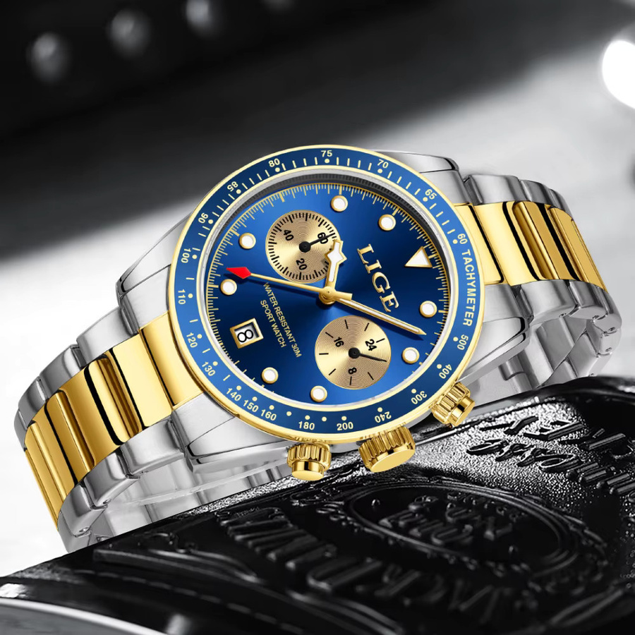 LIGE Armbanduhr, Quarz, Edelstahl, Bicolor, Blau, Herren - Bild 6