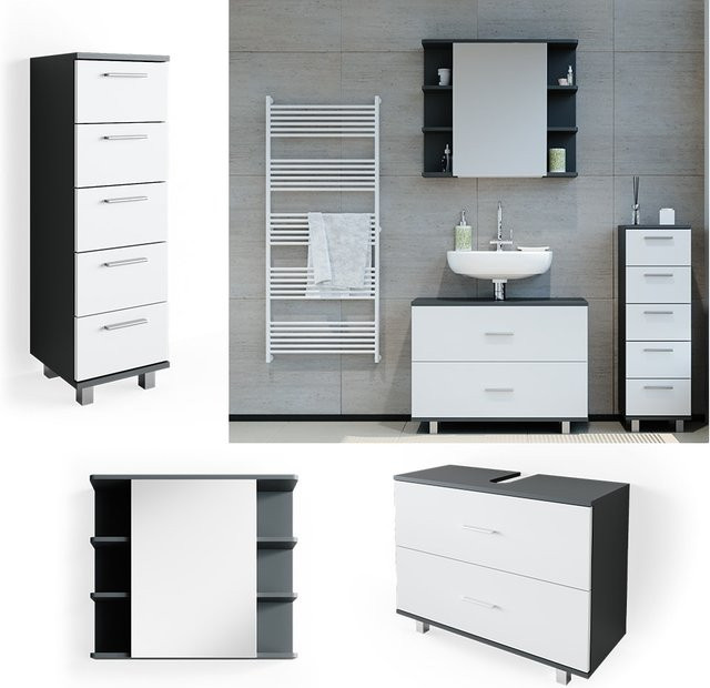 Vicco Badmöbel Set Ilias in Weiß und Anthrazit mit Spiegel, Kommode und Unterschrank, Breite: 80 cm - Bild 1