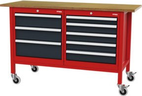 STIER Mobile Kastenwerkbank mit 8 Schubladen aus Stahl und Holz, Farben: Rot und Grau, B/T/H: 150 x 60 x 96 cm - Bild 1
