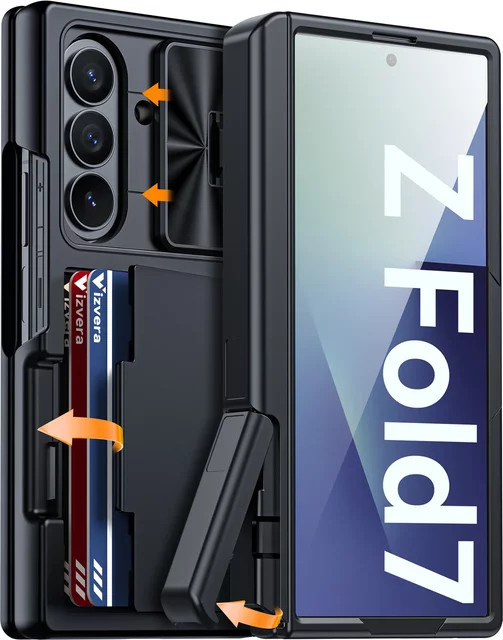 Samsung Galaxy Z Fold 7 Handyhülle mit RFID-Kartenhalter, verstecktem Ständer und Kameraabdeckung, stoßfeste Silikon-Wallet-Hülle in Schwarz - Bild 1