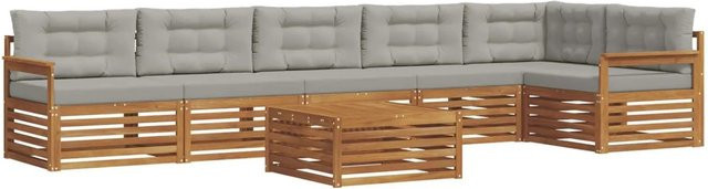 vidaXL Outdoor-Sofagarnitur aus Akazien-Massivholz, 7-teiliges L-Shape Set mit Kissen, Natur und Hellgrau - Bild 1