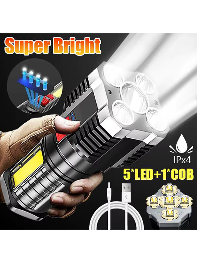 Wiederaufladbare LED-Taschenlampe mit Seitenlicht in Schwarz, wasserdichte Notfalllaterne für Outdoor und Camping - Bild 7