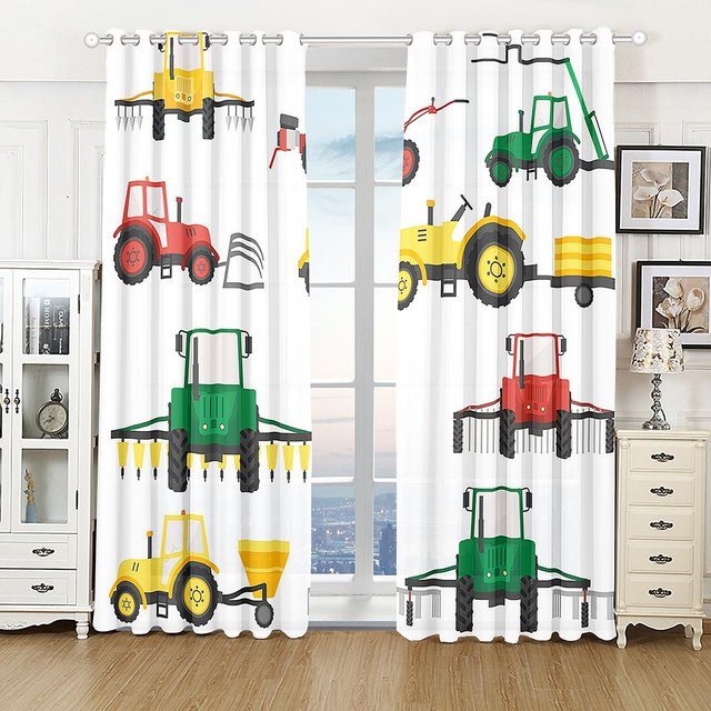 2er-Set Yiran Furniture Kindergardinen mit Cartoon Auto Lkw Bagger Motiv, halbtransparent, B/H: 50 x 160 cm - Bild 1
