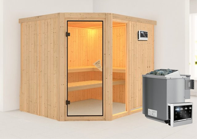 Karibu Sauna Freyja 3 Bio-Kombisauna aus Fichte in Braun mit 9.0 kW BioKombiofen und externem Steuergerät B/T/H: 231 x 196 x 202 cm - Bild 1