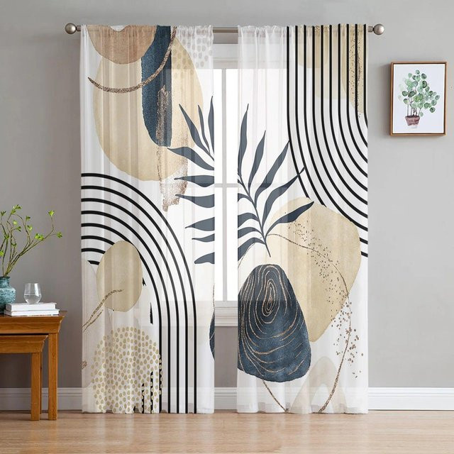 A Family Of Home Textiles Transparente Chiffon-Vorhänge mit Aquarell-Palmblatt-Design, B: 135 cm, H: 114 cm - Bild 1