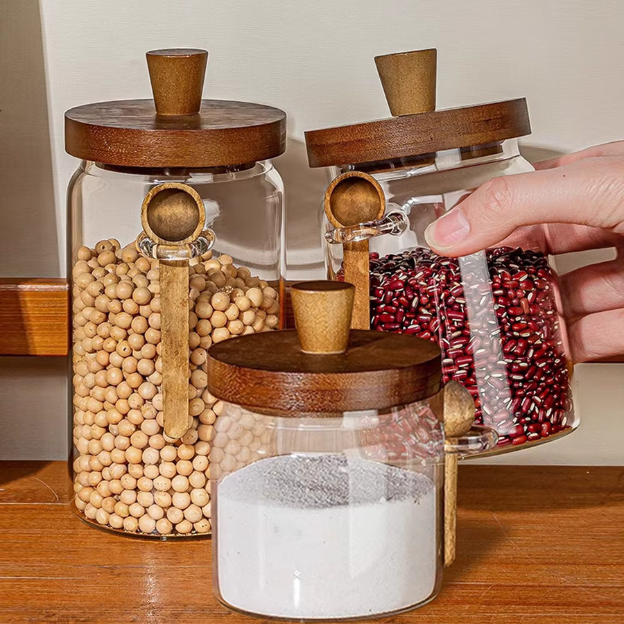 MYVIT Vorratsglas Set aus Glas mit Holzdeckel und Schaufel, 3-teilig, transparent, luftdicht und feuchtigkeitsbeständig - Bild 3