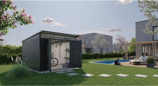 Biohort Gerätehaus AvantGarde aus Stahl mit Doppeltür und Satteldach in Dunkelgrau-Metallic, B/H/T: 257 x 222 x 337 cm - Bild 1