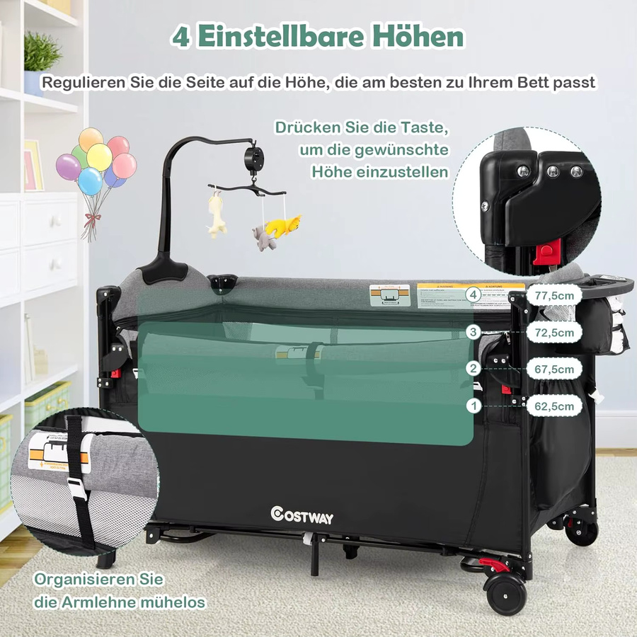 GOFLAME 5-in-1 Reisebett für Babys in Grau mit Matratze, Wickelunterlage, Spielzeug, Spieluhr und Tragetasche, B/B: 120 x 60 cm - Bild 4