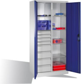 C+P Werkzeugschrank mit Drehtüren, 6 Böden, 8 Schubladen und Schloss, Front Enzianblau, Korpus Lichtgrau, H: 195,0 cm, B: 93,0 cm, T: 50,0 cm - Bild 1