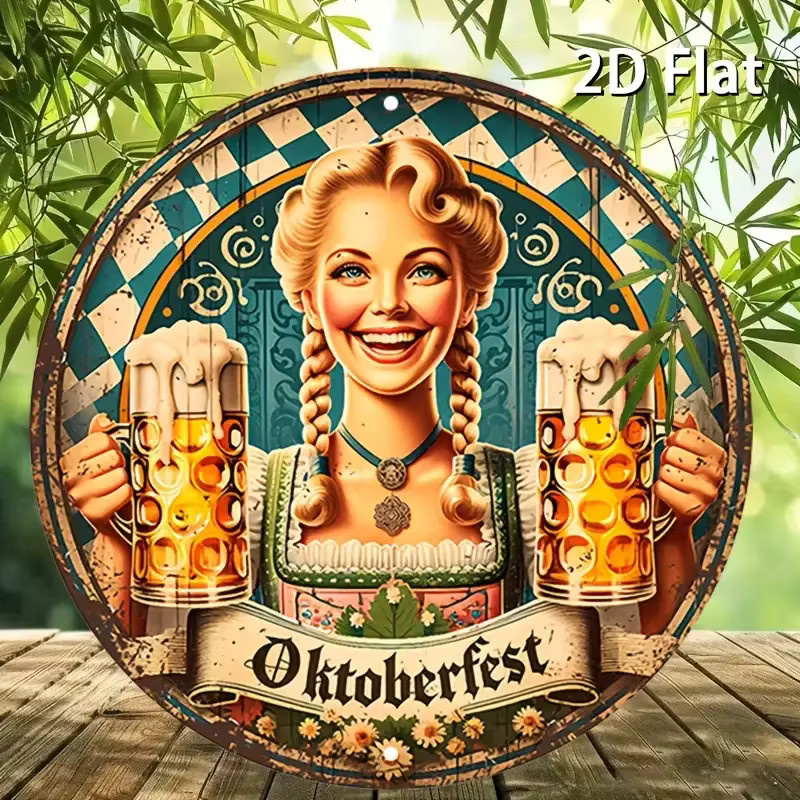 Potdemiel Retro-Metallschild im bayerischen Stil, rundes Aluminium-Poster mit festlichen Motiven, Durchmesser: 19,81 cm, Mehrfarbig - Bild 4