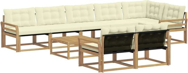 vidaXL Outdoor-Sofagarnitur aus Akazienholz und Textilene in Weiß, 9-teiliges Set mit Polstern, B/T/H: 79 x 79 x 37 cm - Bild 1