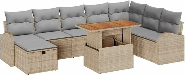 vidaXL Garten-Sofa-Set aus Polyrattan in Beige, 9-teiliges L-Shape Lounge-Set mit Polsterung und Kissen für Terrasse und Garten - Bild 1