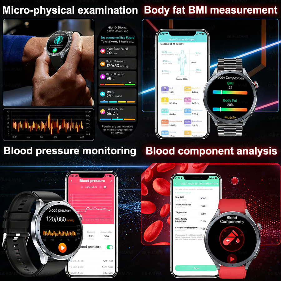 GUHUAVMI Gesundheits-Smartwatch mit 650nm Lasertherapie, EKG, Harnsäure- und Blutdruckmessung sowie Bluetooth-Anruffunktion für Android und iOS, Schwarz - Bild 4