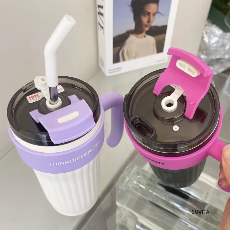 SUVITA Edelstahl-Thermo-Wasserflasche mit Strohhalm, isolierte Vakuumflasche für Heiß- und Kaltgetränke, 860 ml, Blau und Schwarz - Bild 2