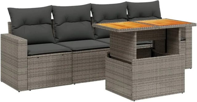 vidaXL 5-teilige Garten-Sofagarnitur aus Poly-Rattan und Akazienholz in Grau mit Kissen - Bild 1