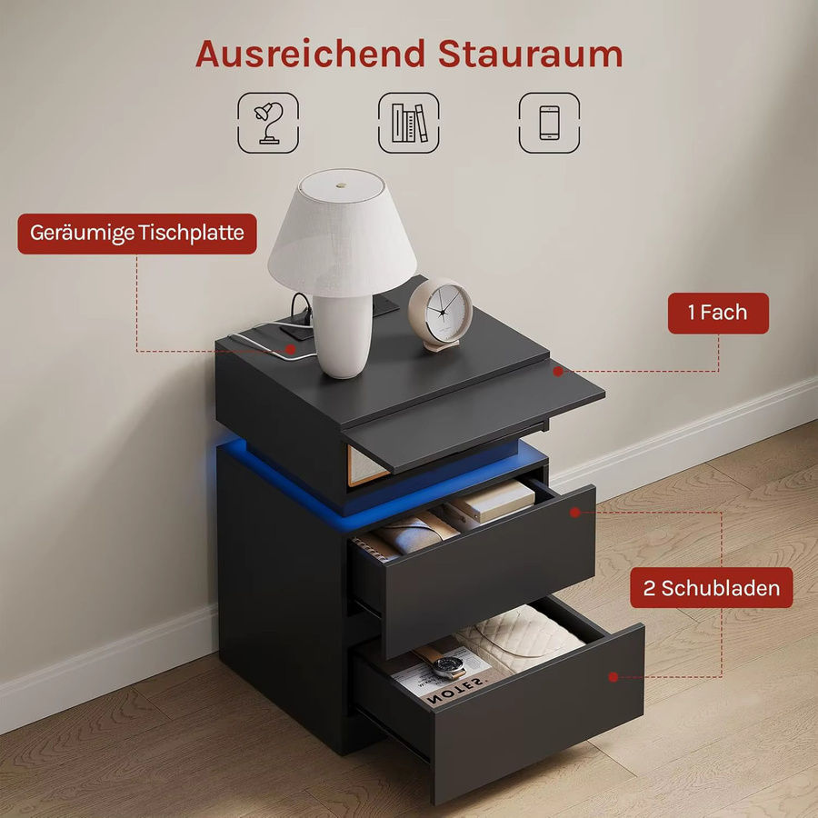 WOLTU Nachttisch in Weiß/Schwarz mit LED-Beleuchtung, 2 Schubladen und USB-Ladefunktion, moderner Beistelltisch für dein Schlafzimmer - Bild 3