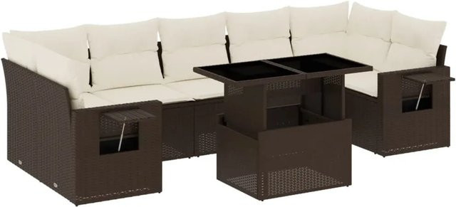 vidaXL 8-tlg Garten-Sofagarnitur in L-Form aus braunem Poly-Rattan mit UV-beständigen Kissen und Metallrahmen - Bild 1