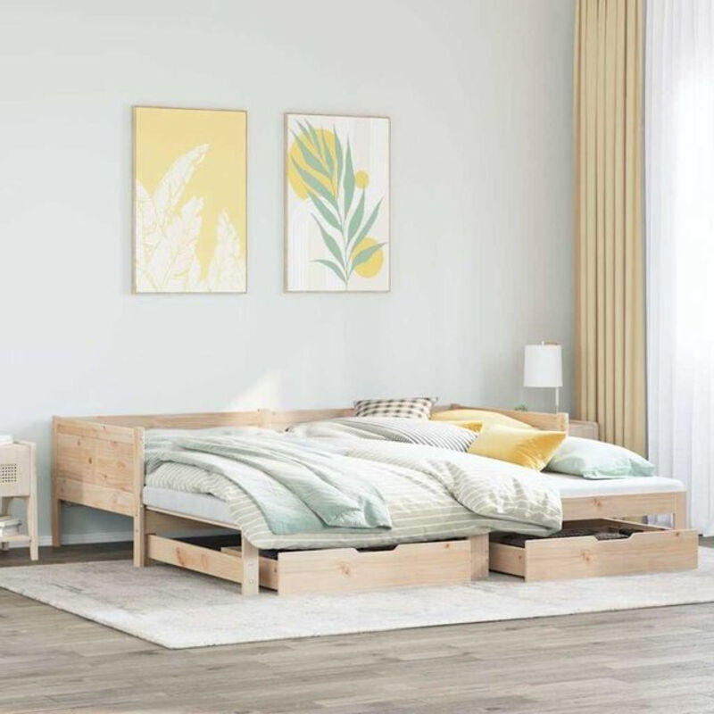 Ausziehbares Tagesbett aus Kiefer Massivholz mit Schubladen von Vidaxl in Natur und Weiß, Landhaus und Skandinavisch Stil, B/T/H: 200 x 80 x 164 cm - Bild 1