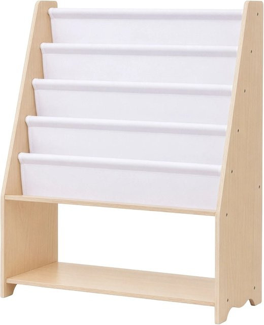 Relaxdays Kinderbücherregal aus Holz in Weiß, Montessori-inspiriertes Regal mit 4 Stofftaschen und Bodenablage, B/H/T: 78 x 64 x 28 cm - Bild 1