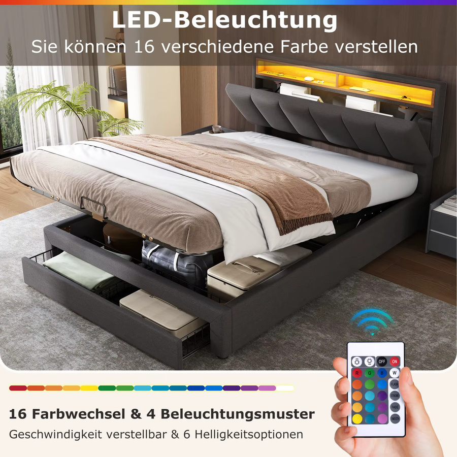 FEEOHOME Polsterbett Grau mit LED, Modernes Doppelbett mit Stauraum durch Schubladen und Hydraulik sowie Kopfteil, B/T: 180 x 200 cm - Bild 3