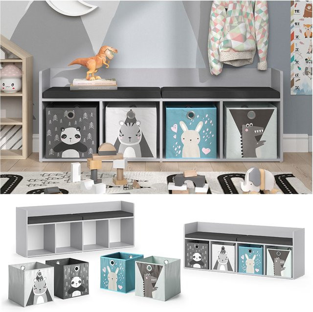 Vicco Kinderzimmer Sitzbank Luigi mit 4 Fächern, Kinderregal und Spielzeugaufbewahrung, Hellgrau, B: 142 cm, T: 53 cm, H: 172,9 cm - Bild 1