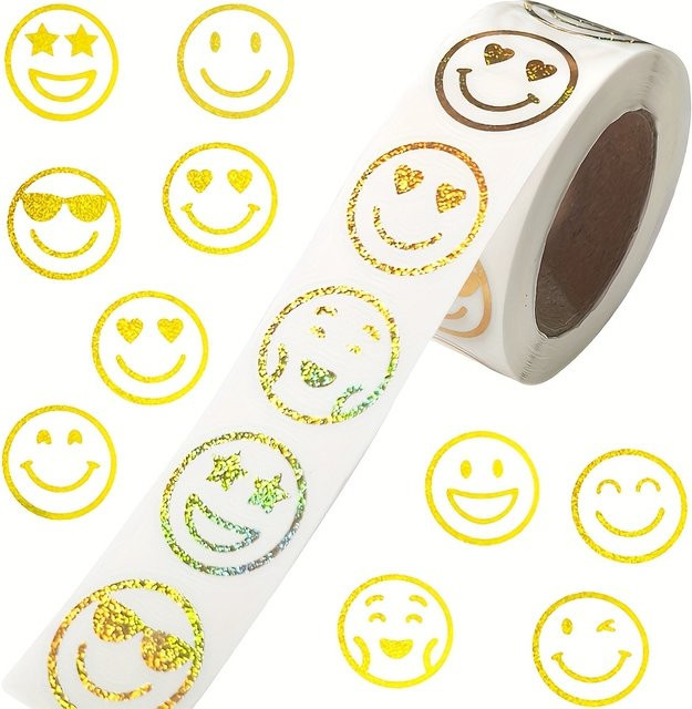 500 Stück Folien-Aufkleberrolle mit goldenen runden Gesichtssymbolen für Scrapbooking, Tagebücher und Geschenkverpackungen - Bild 1