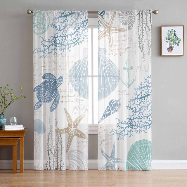 Binchi Outdoor Equipment Transparente Tüll-Vorhänge mit Maritim-Motiv in Blau, Breite: 135 cm, Höhe: 183 cm - Bild 1