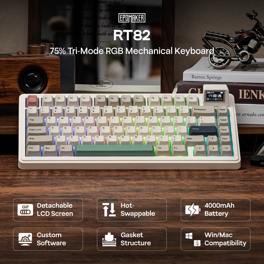 EPOMAKER RT82 Mechanische Tastatur mit LCD-Bildschirm, 75 % US-QWERTY-Layout, White, QMK/VIA, kabellos via Bluetooth oder 2,4 GHz und kabelgebunden, 4000 mAh Akku - Bild 1