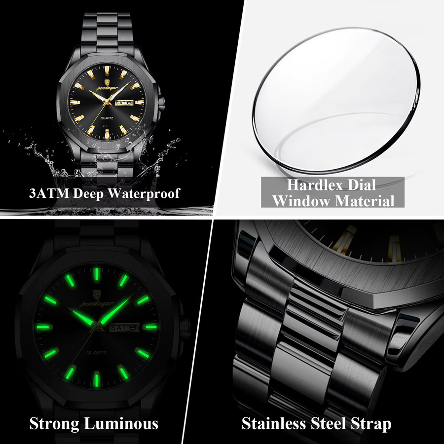 POEDAGAR Armbanduhr, Quarz, Edelstahl, Schwarz, Silber, Herren - Bild 4