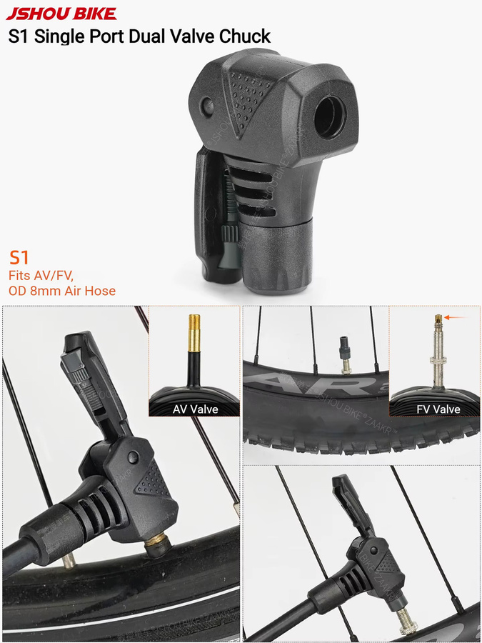 JSHOUBIKE Pumpenadapter für 3 Ventile Schrader Presta Dunlop in Schwarz, kompatibel mit 8/10 mm Schläuchen für manuelle und elektrische Pumpen - Bild 2