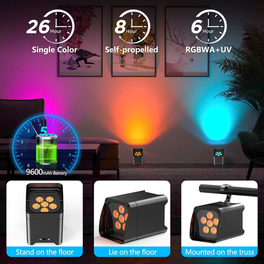 U'King 6in1 LED Bühnenlicht Set mit 4 Scheinwerfern, 6x18W RGBAW + UV, DMX, WiFi und Fernbedienung inklusive Tasche für DJ, Bar und Party - Bild 3